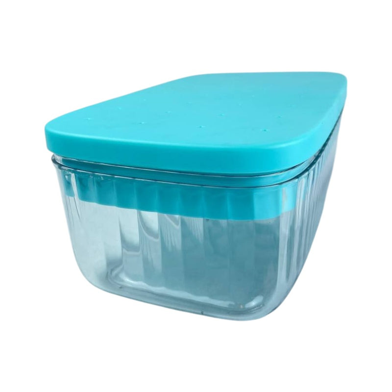 Side view of acrylic ice cube storage box with turquoise lid, compact design ideal for freezers and beverage stations | Cupindy