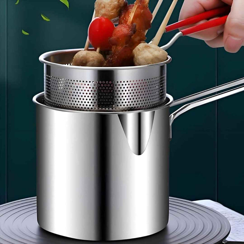 Stainless steel pot with perforated top being used to cook skewered food.