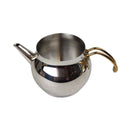 Stainless steel cocktail shaker with gold handle on a white background