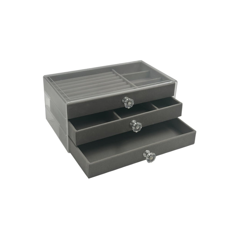 3-drawer clear acrylic jewelry organizer with grey velvet compartments for rings, earrings, bracelets, and accessories