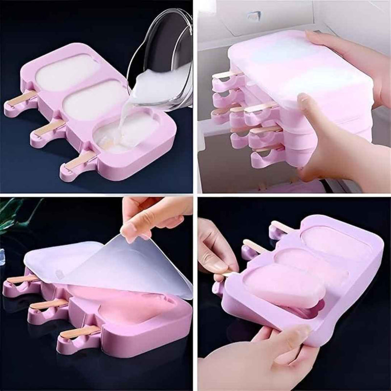 Collage of a pink silicone ice cream mold with wooden sticks being used.