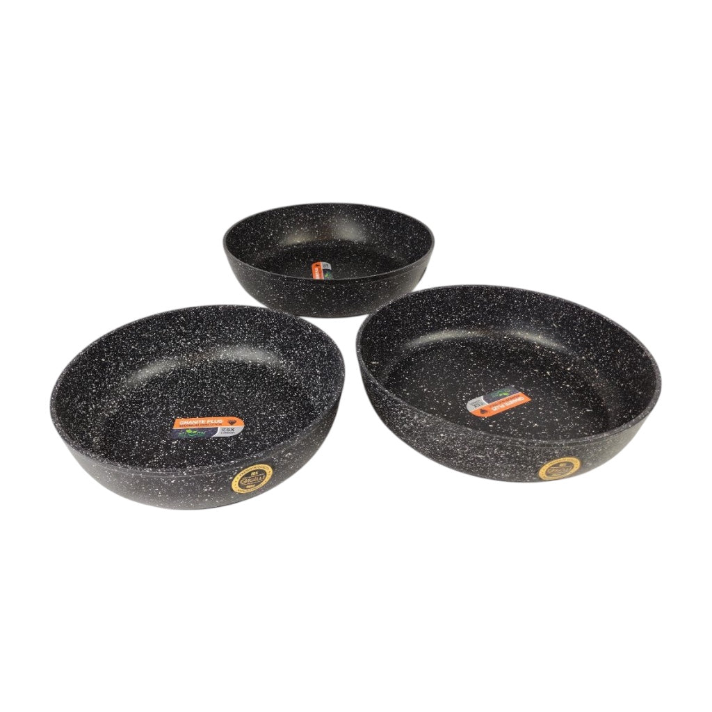Three black speckled frying pans on a white background