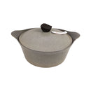 Gray stoneware pot with a lid on a white background