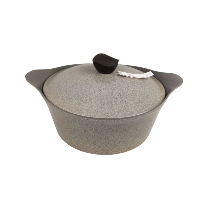 Gray stoneware pot with a lid on a white background