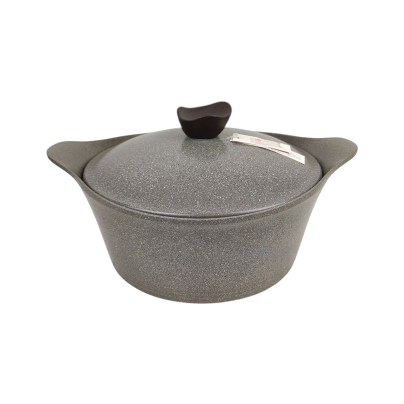 Gray cast iron pot with a lid on a white background