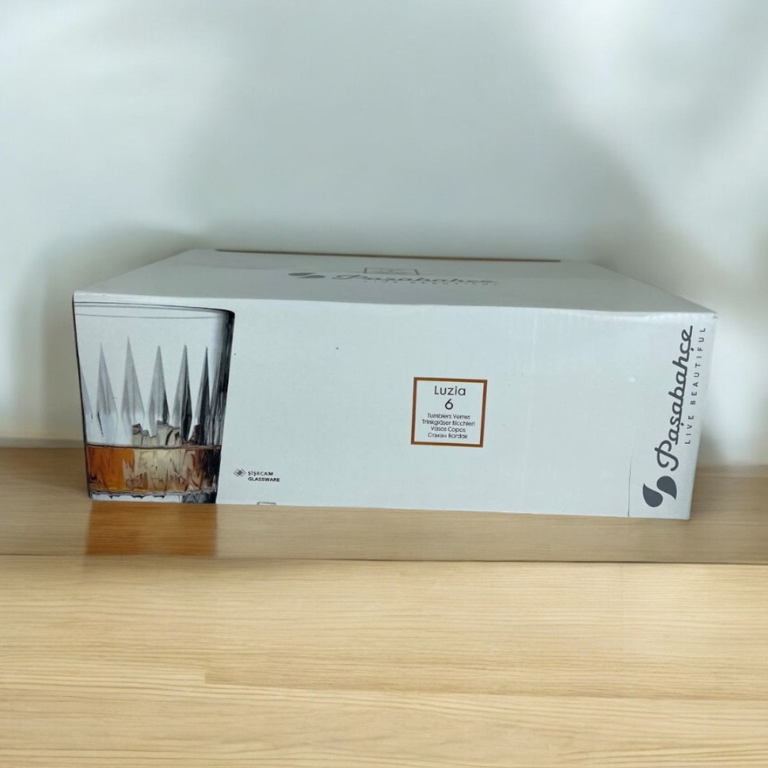 Pasabahce Luzia Glass Tumbler Set Packaging – Box Of 6 Diamond-Cut 300ml Glasses Displayed On Wooden Surface