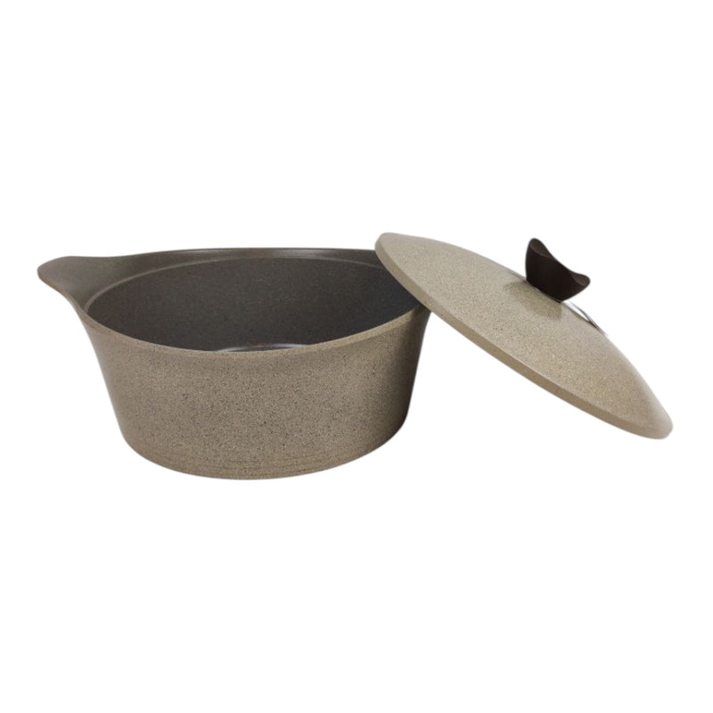 Brown ceramic pot with a beige lid on a white background