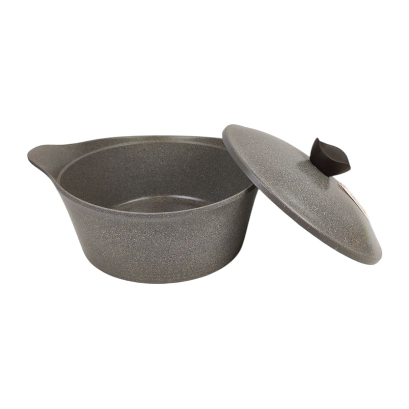 Gray cast iron pot with lid on a white background