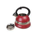 Red speckled kettle with black handle on a white background