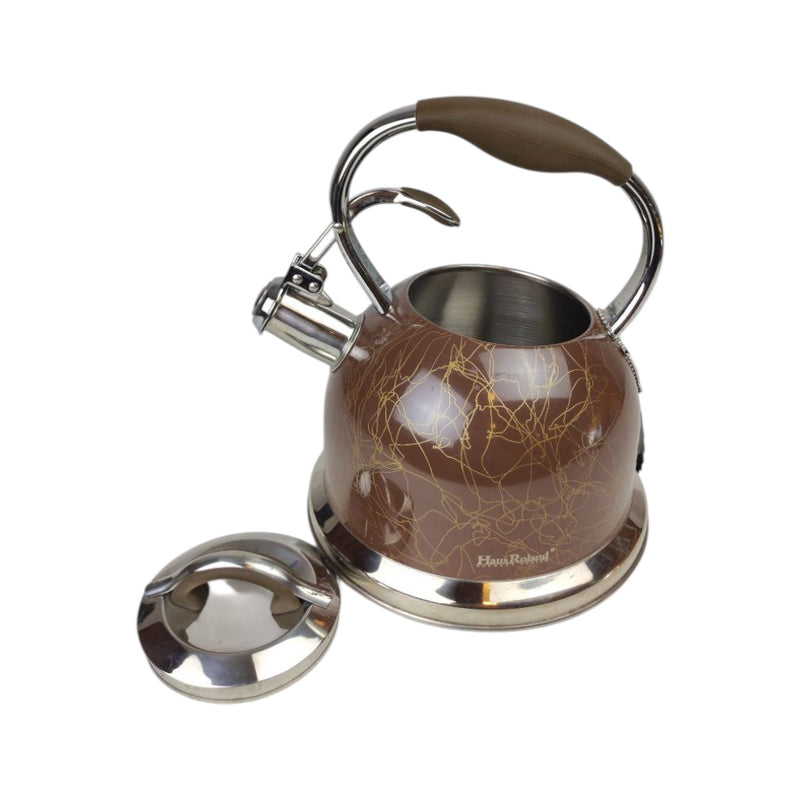 Brown and silver tea kettle with a decorative pattern on a white background