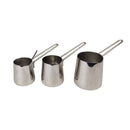 Three stainless steel measuring cups with handles on a white background