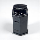 Black outdoor trash can with perforated design on a white background
