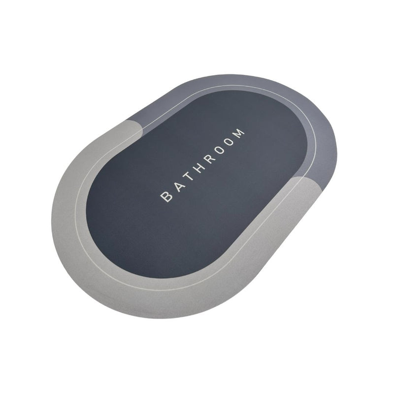 Gray and black oval mat with 'Bathroom' text on a white background