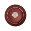 Red speckled frying pan with a brand label on a white background