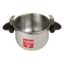 Stainless steel pot with black handles on a white background