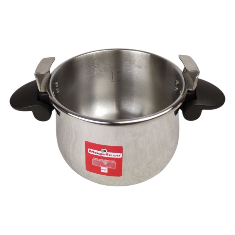Stainless steel pot with black handles on a white background
