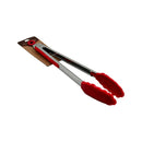 Side view of red silicone and stainless steel kitchen tong, showing ergonomic grip, heat resistance, and strong locking head