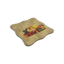 Angled view of wooden coaster with printed fruit design, non-slip and heat-resistant pad for drinks, sold by 1 piece