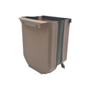 Back view of foldable trash bin with hanging hooks for cabinet or drawer mounting, ideal for kitchen and bathroom use