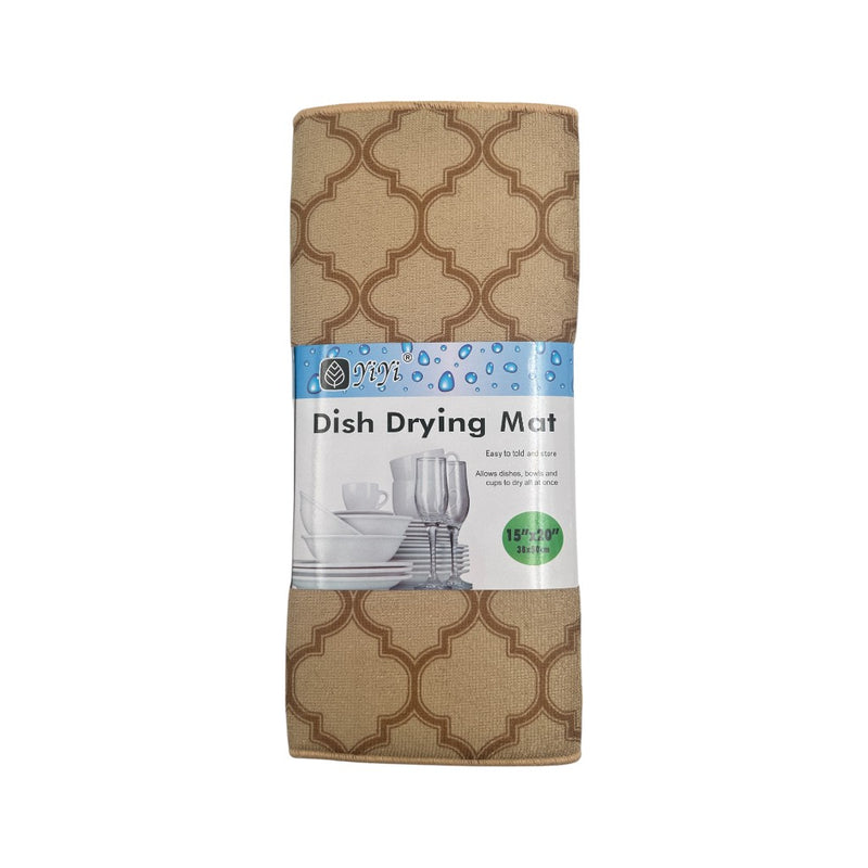 Beige microfiber dish drying mat 50x38 cm with Moroccan pattern, soft and absorbent for kitchen countertops and dishes