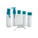 Set of 6 refillable 60ml travel bottles with blue caps, pump tops, funnel and dropper tools for toiletries and cosmetics