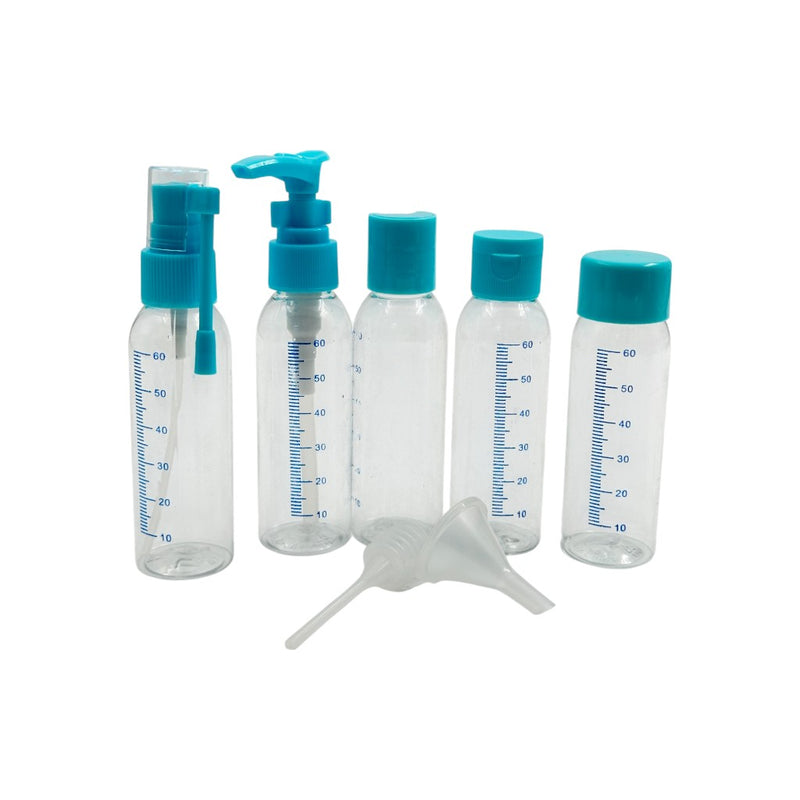 Set of 6 refillable 60ml travel bottles with blue caps, pump tops, funnel and dropper tools for toiletries and cosmetics