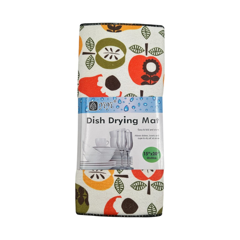 Microfiber dish drying mat 50x38 cm with colorful fruit print, soft absorbent surface ideal for kitchen countertop use