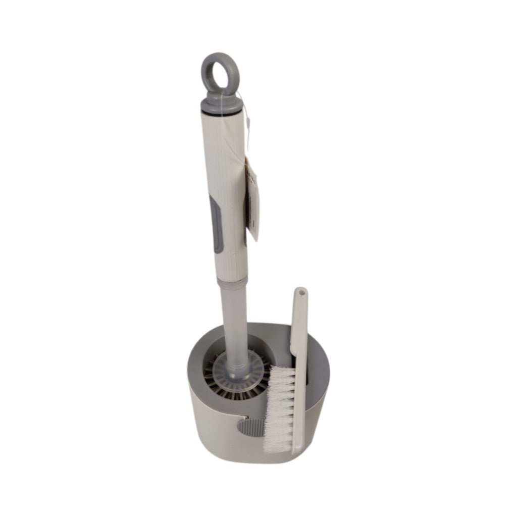 Gray toilet brush and holder set on a white background