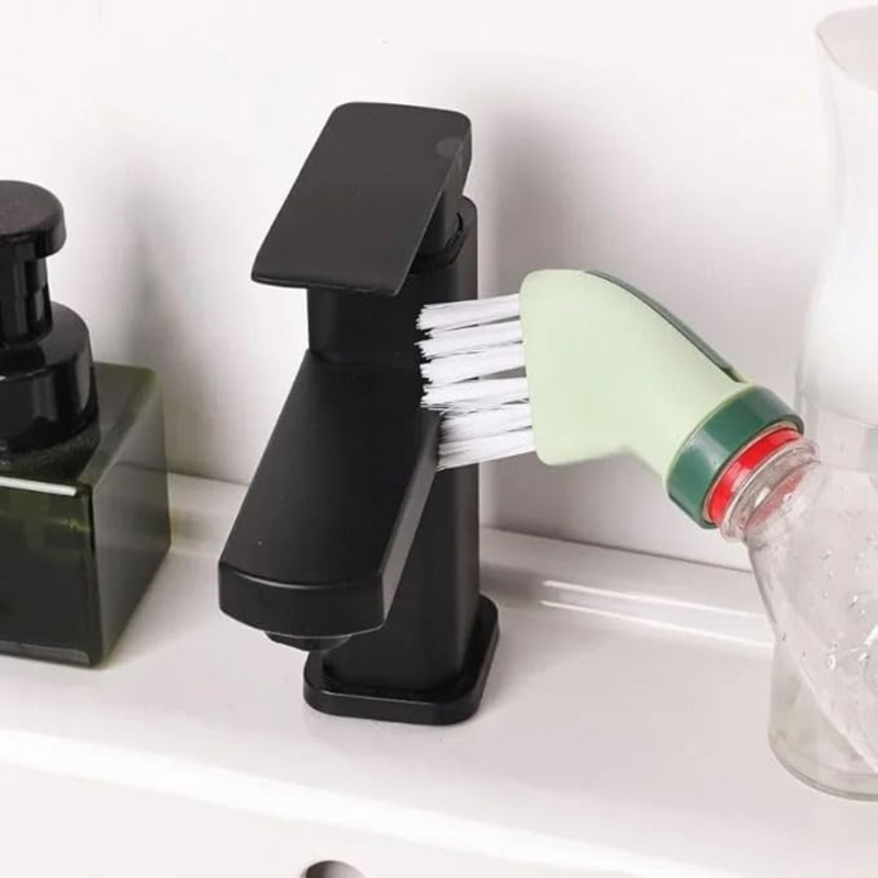 Bottle-Top Cleaning Brush With Soap Dispenser Attachment For Easy Scrubbing And Stain Removal