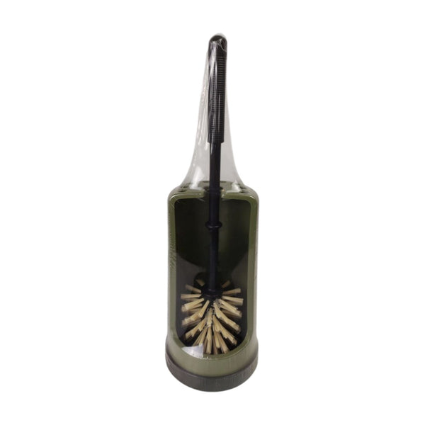 Cleaning brush with black handle and bristle head in a transparent container on a white background