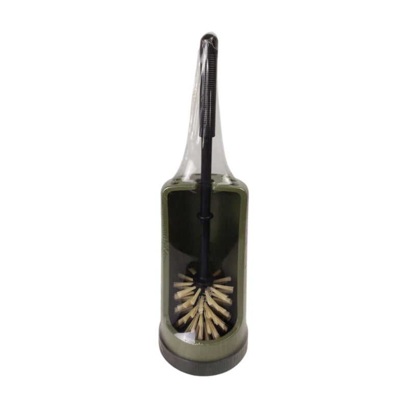 Cleaning brush with black handle and bristle head in a transparent container on a white background