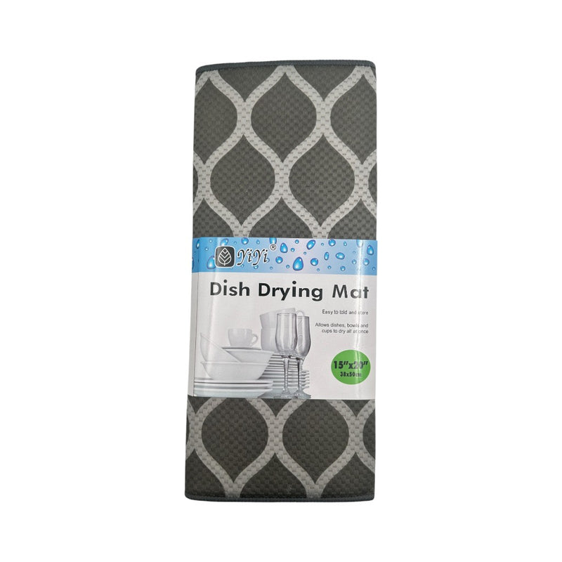 Dark grey microfiber dish drying mat 50x38 cm with white Moroccan design, thick absorbent material for kitchen countertops