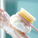 فرشاة استحمام مزدوجة الجهتين بمقبض طويل – شعيرات ناعمة وليفة للتقشير والتنظيف العميق