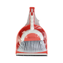 A red and white dustpan with a flat edge and a matching brush, sealed in a transparent plastic packaging.