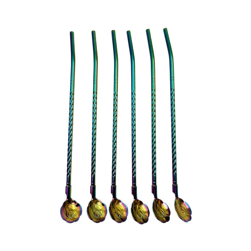 Colorful Stainless Steel Straw Spoon Set – 6-Piece Reusable Cocktail & Beverage Stirring Straws