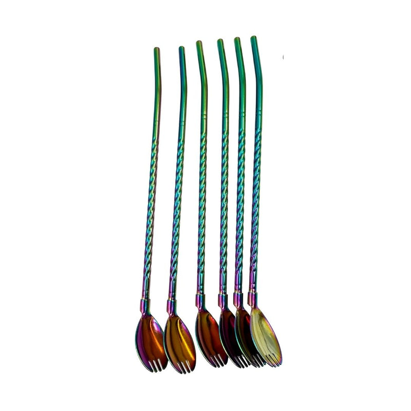 Colorful Stainless Steel Straw Spoon Set – 6-Piece Reusable Cocktail & Beverage Stirring Straws