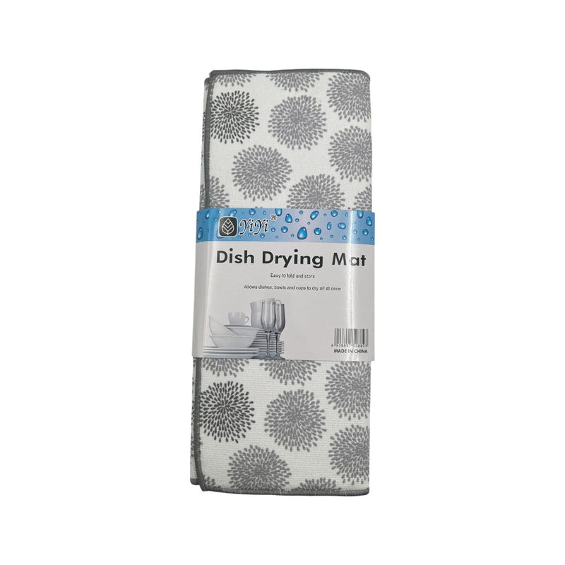 Folded grey floral microfiber drying mat 50x38 cm, ideal for kitchen countertops, absorbs water from dishes and glassware