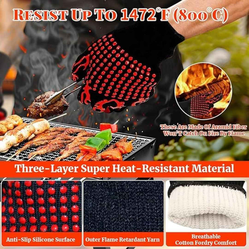 Heat Resistant BBQ Gloves 34x15.5cm With Non-Slip Silicone Grip – Aramid Fiber & Cotton Lining For Safe Cooking