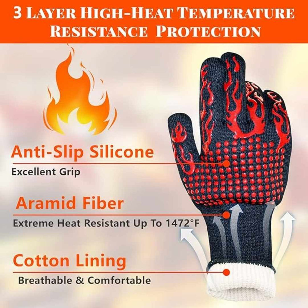 AUHomi Comsmart BBQ Gloves, Heat Resistant BBQ Gloves for Hot Temperature Cooking, Barbecue Grilling or Baking Bread Pizza, Safe Oven Mittens with