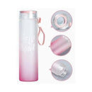 Gradient pink and clear water bottle with pink handle and cap on a white background