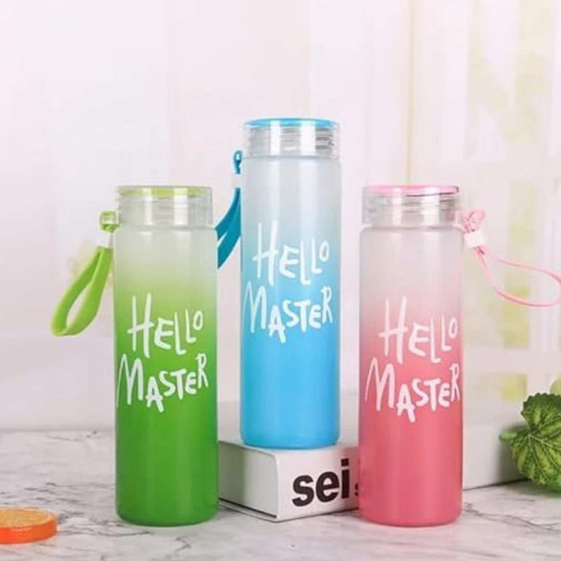 Three colorful water bottles with 'Hello Master' text on a light background