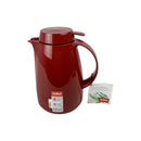Red thermos jug with a tag on a white background