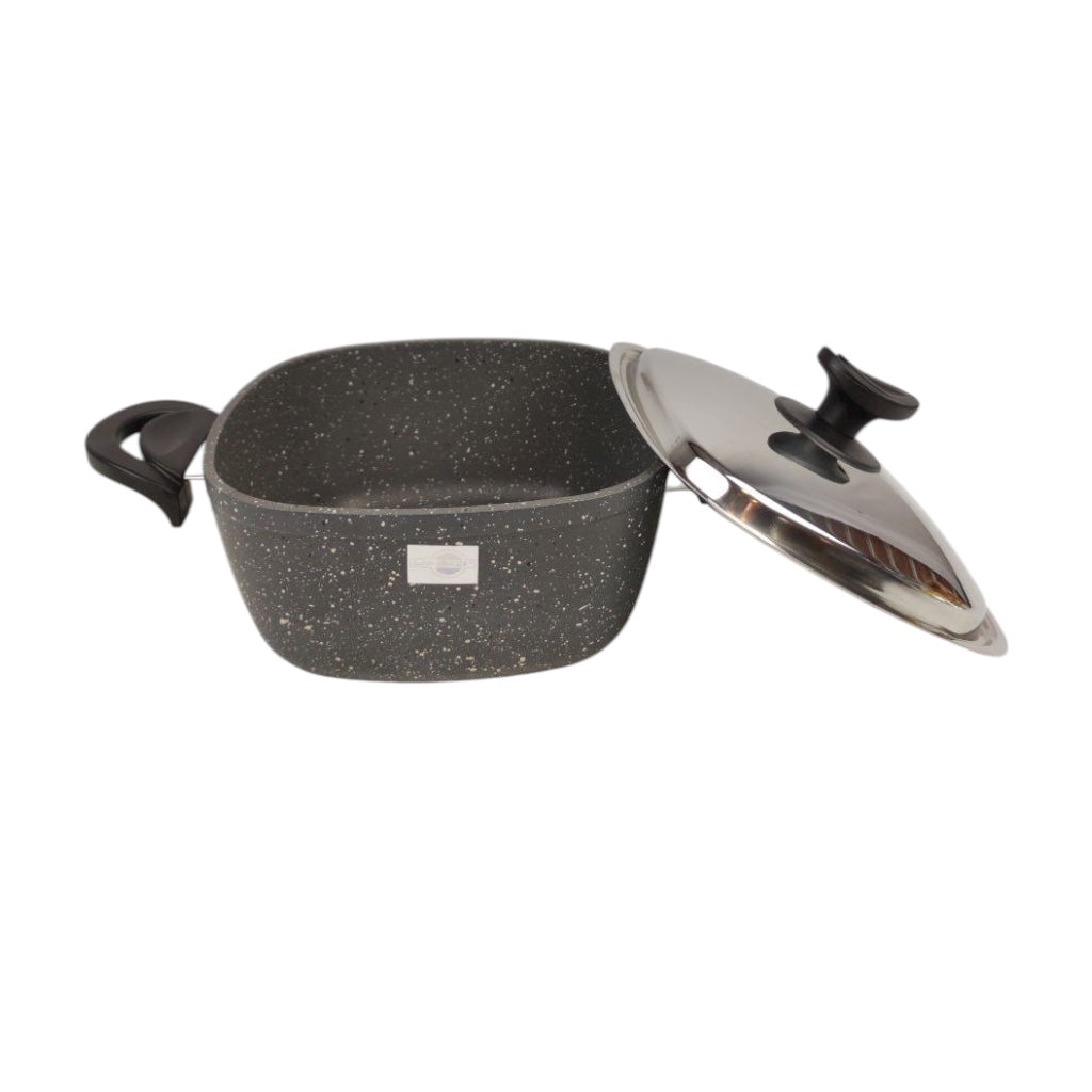 Gray speckled cookware set with a lid on a white background
