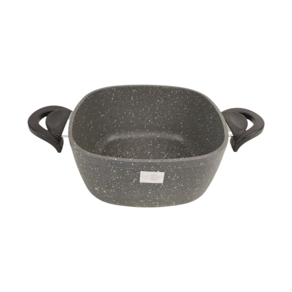 Gray speckled cookware pot with handles on a white background