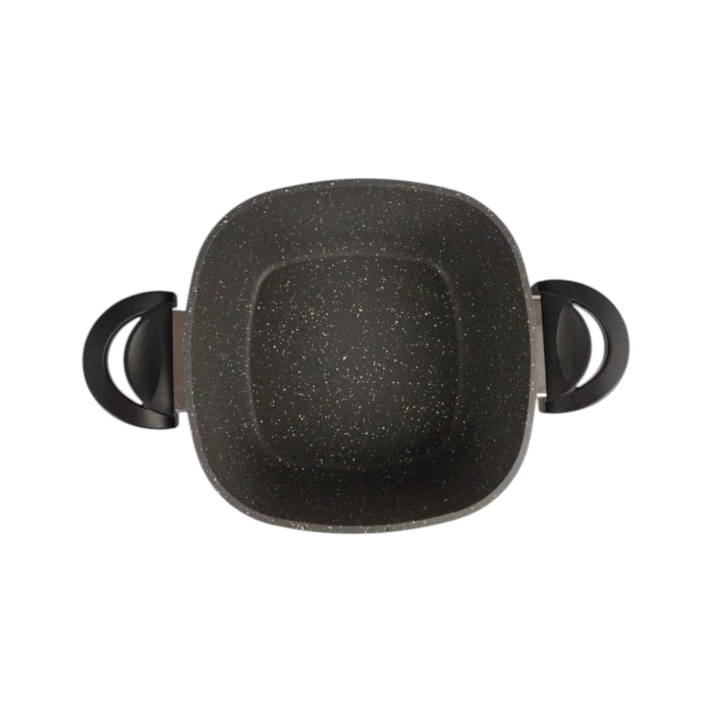 Black speckled cookware pot with handles on a white background