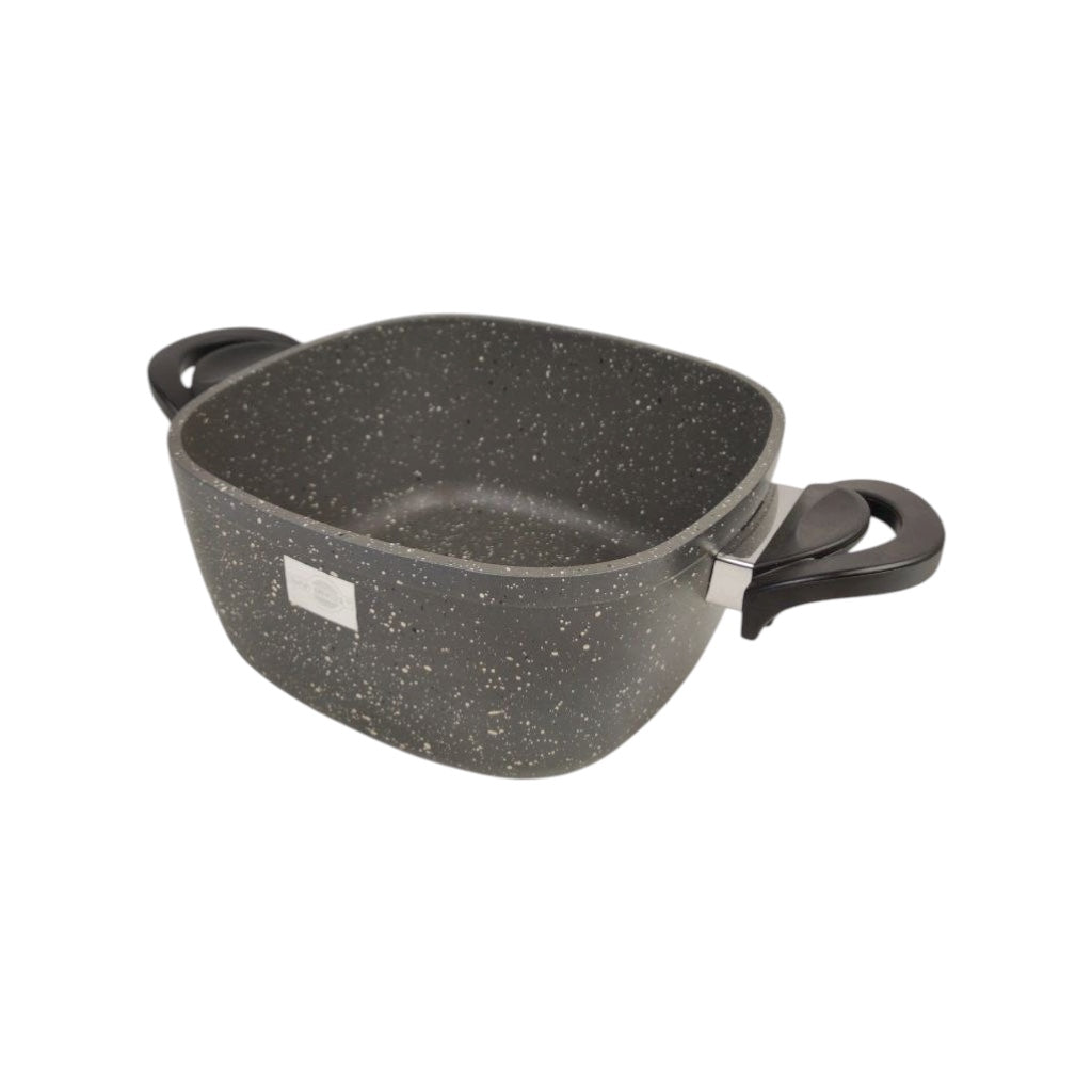 Gray speckled cookware with handles on a white background