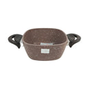 Brown speckled cookware with black handles on a white background