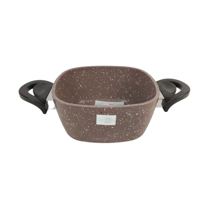 Brown speckled cookware with black handles on a white background