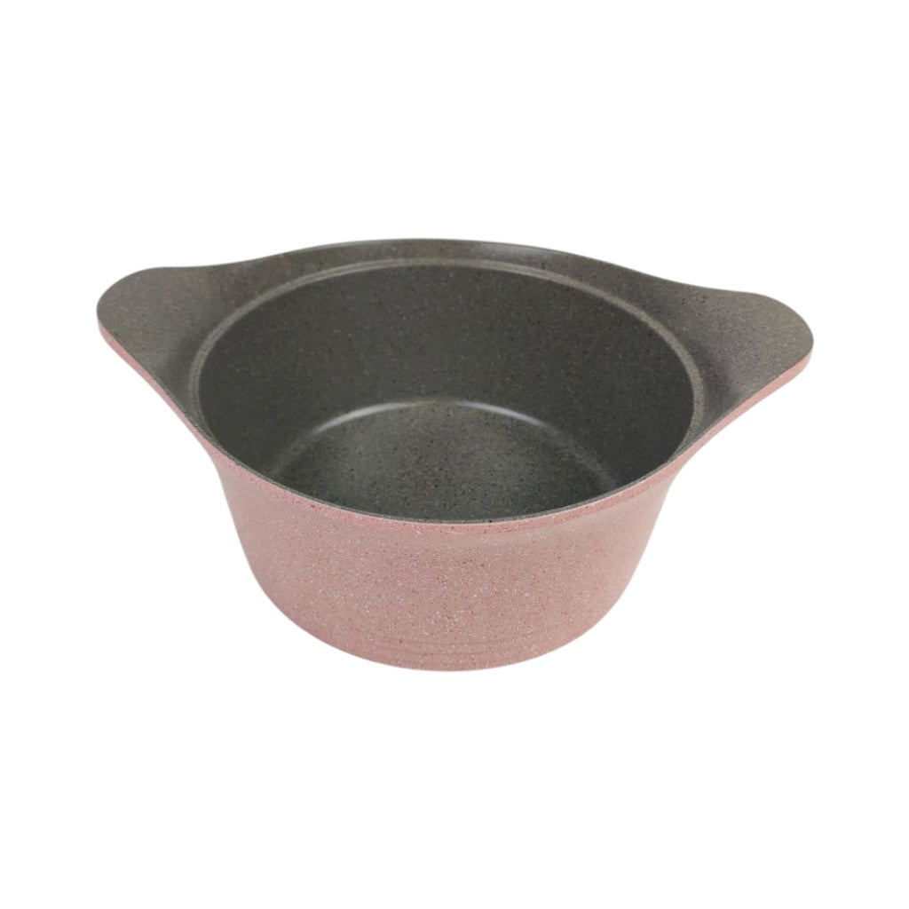 Gray ceramic pot with pinkish-brown exterior on a white background
