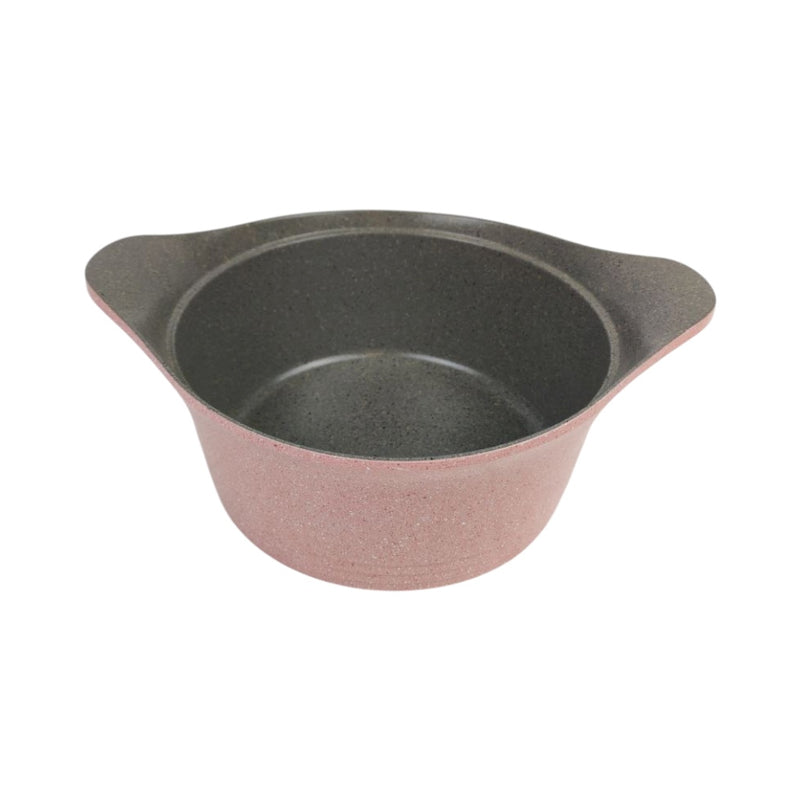 Gray ceramic pot with pinkish-brown exterior on a white background